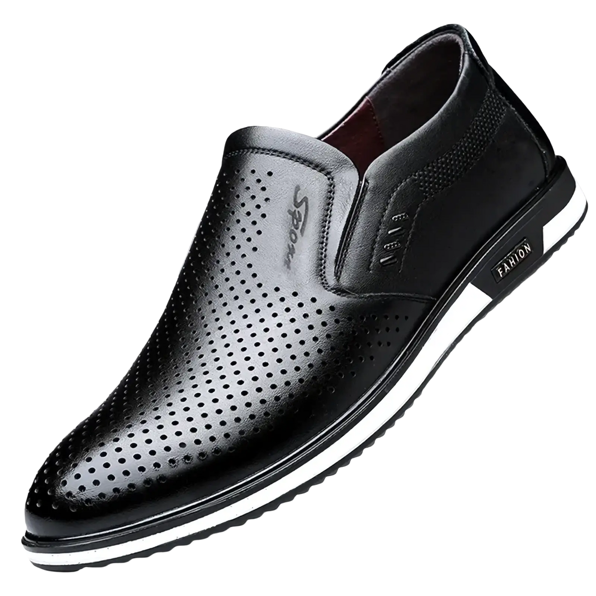 Men casual leather slip-on driving shoe in black perforated leather with a white rubber sole and fashion branding on side