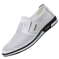 Men casual leather slip-on driving shoe in white perforated leather with black rubber sole and fashion branding on the side