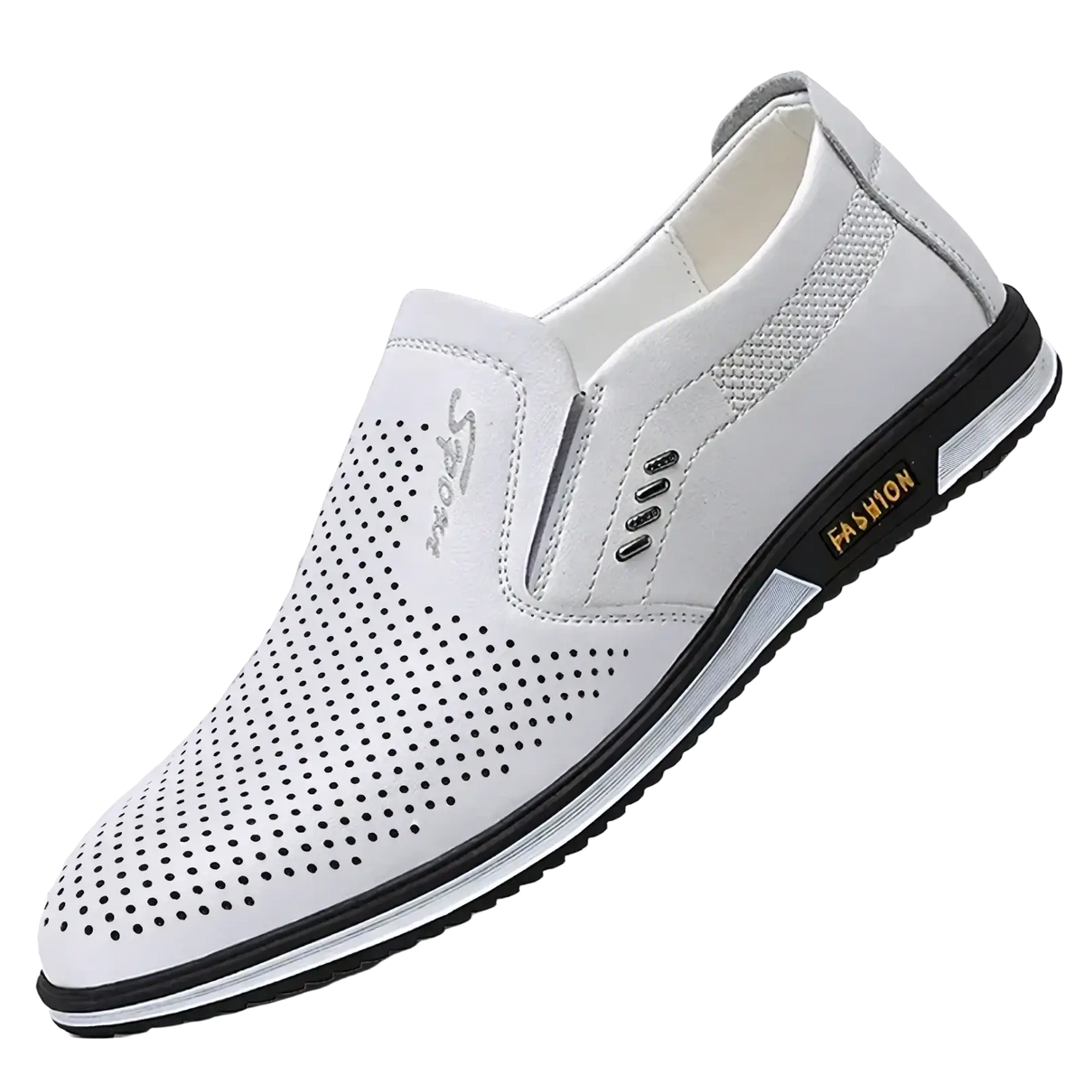 Men casual leather slip-on driving shoe in white perforated leather with black rubber sole and fashion branding on the side