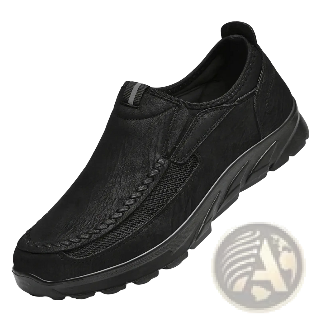 Black men casual leather slip-on loafer with textured upper mesh panel and braided detailing