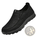 Black men casual leather slip-on loafer with textured upper mesh panel and braided detailing