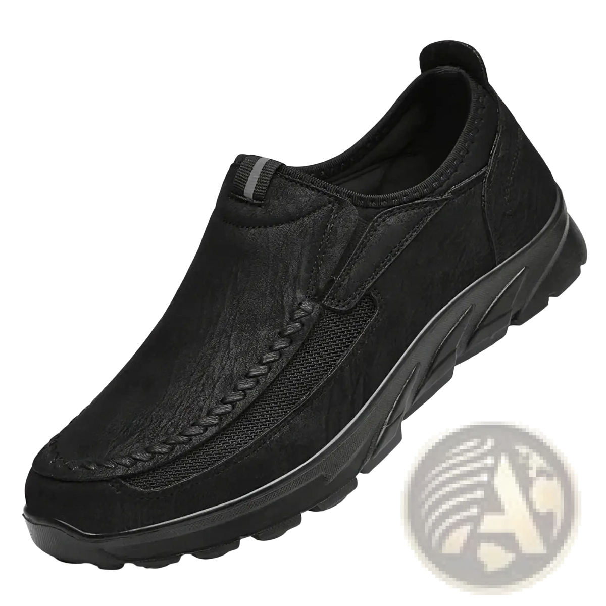 Black men casual leather slip-on loafer with textured upper mesh panel and braided detailing