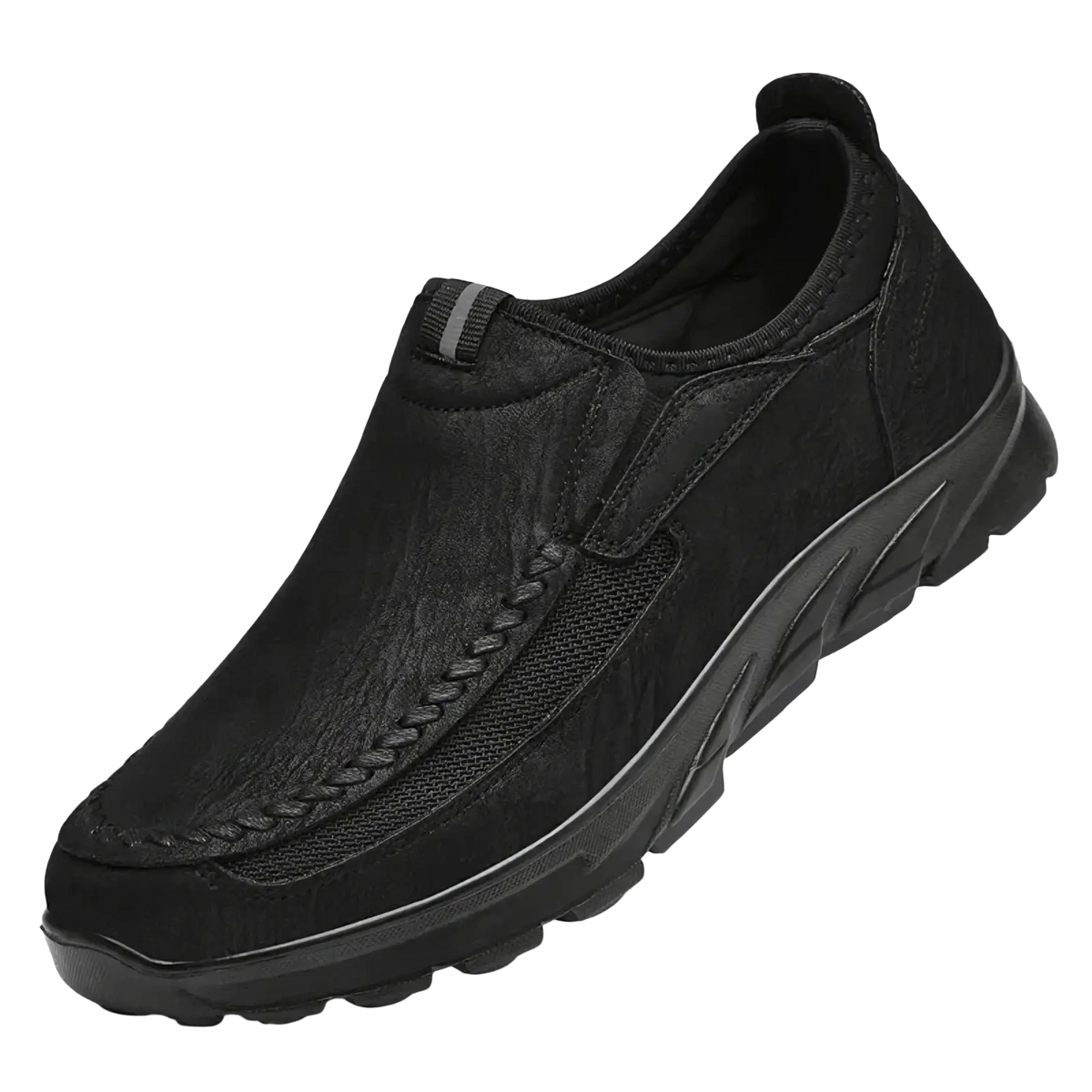 Black men casual leather slip-on loafer with textured upper mesh panel and braided detailing