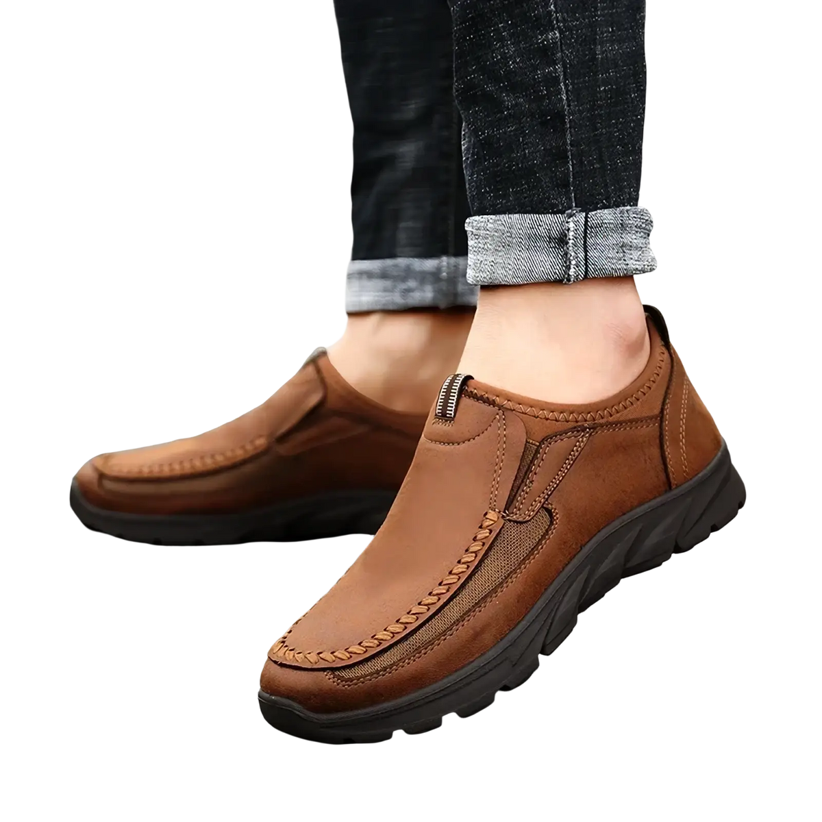Men casual leather slip-on loafers in brown with braided stitch detail and black rubber sole for comfortable wear