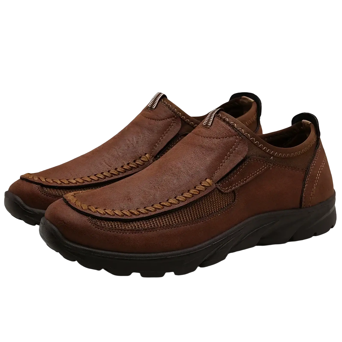 Men casual leather slip-on loafers in brown with textured upper, stitched detailing, and dark rubber sole