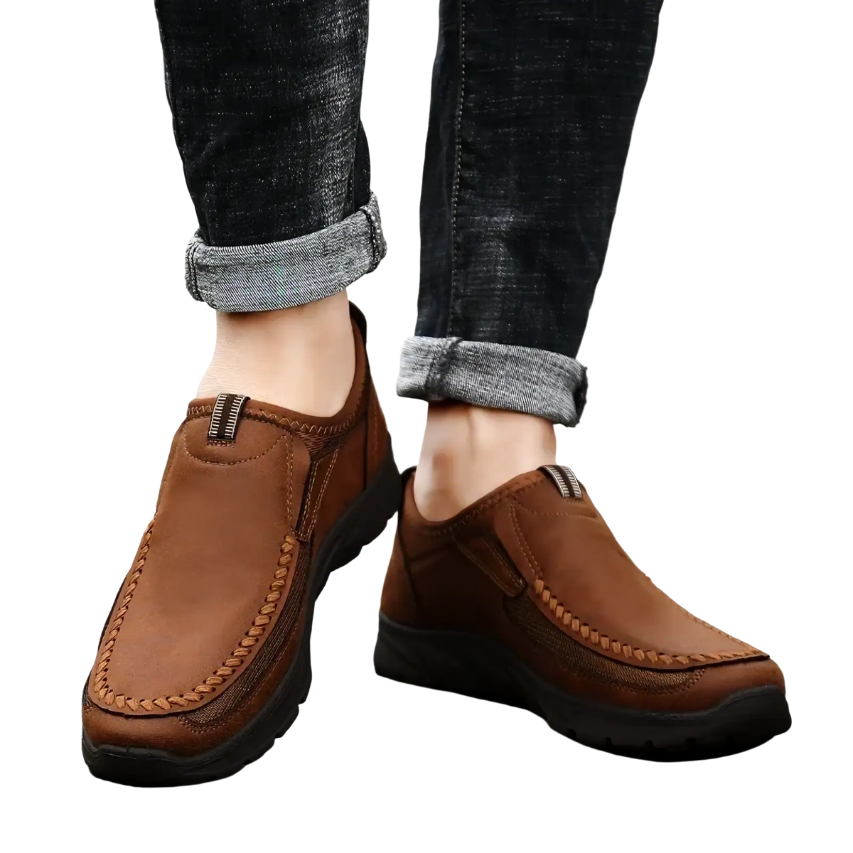 Men casual leather slip-on loafers in brown with stitched detailing and black rubber sole for everyday wear
