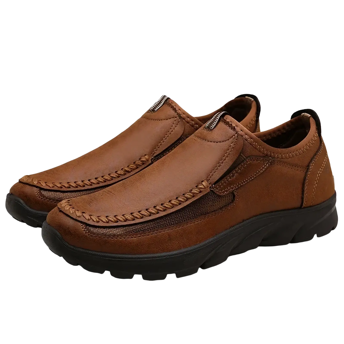 Men casual leather slip-on loafers in brown with textured sole and stitched detailing for everyday wear
