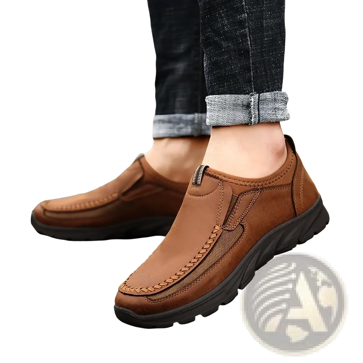 Men casual leather slip-on loafers in brown with braided stitch detail and black rubber sole for comfortable wear