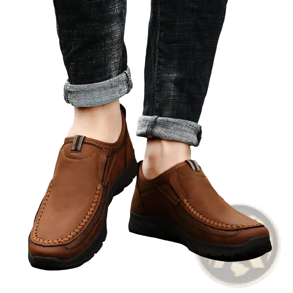 Men casual leather slip-on loafers in brown with stitched detailing and black rubber sole for everyday wear