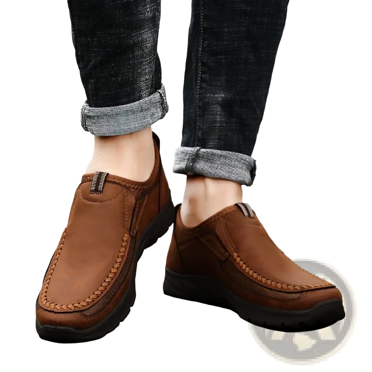 Men casual leather slip-on loafers in brown with stitched detailing and black rubber sole for everyday wear