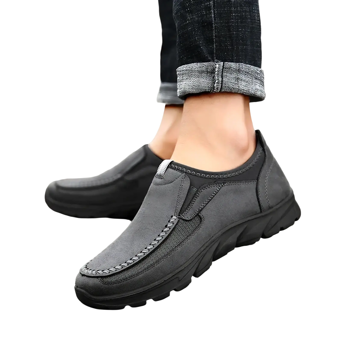 Men casual leather slip-on loafers in dark gray with a textured upper and reinforced stitching details