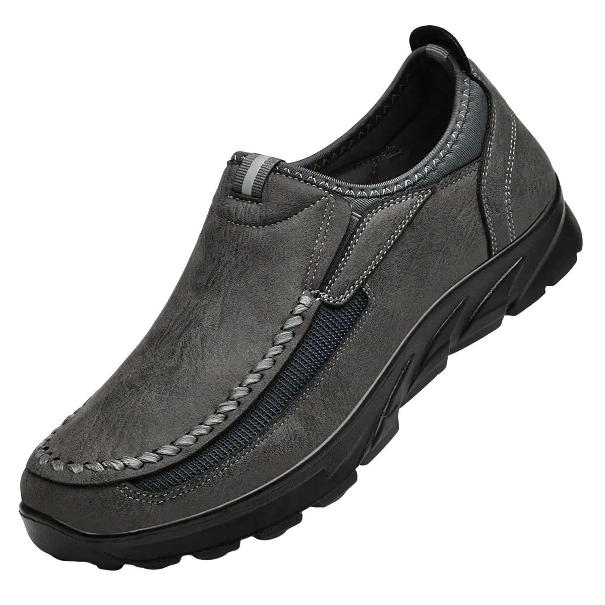 Men casual leather slip-on loafers in dark gray with textured leather upper black rubber sole and contrasting stitching details