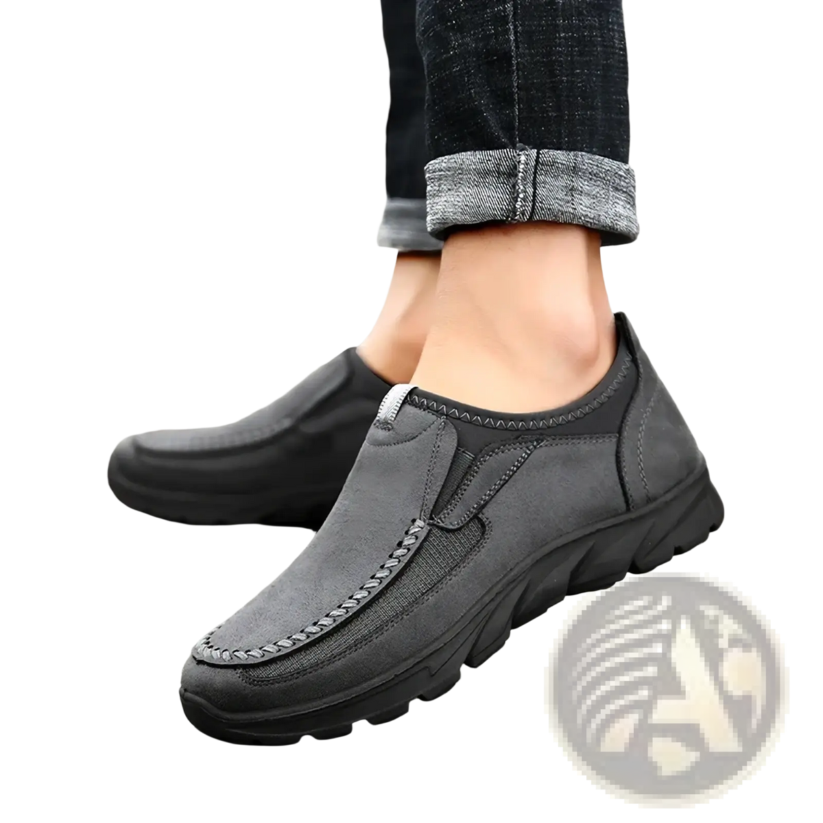 Men casual leather slip-on loafers in dark gray with a textured upper and reinforced stitching details