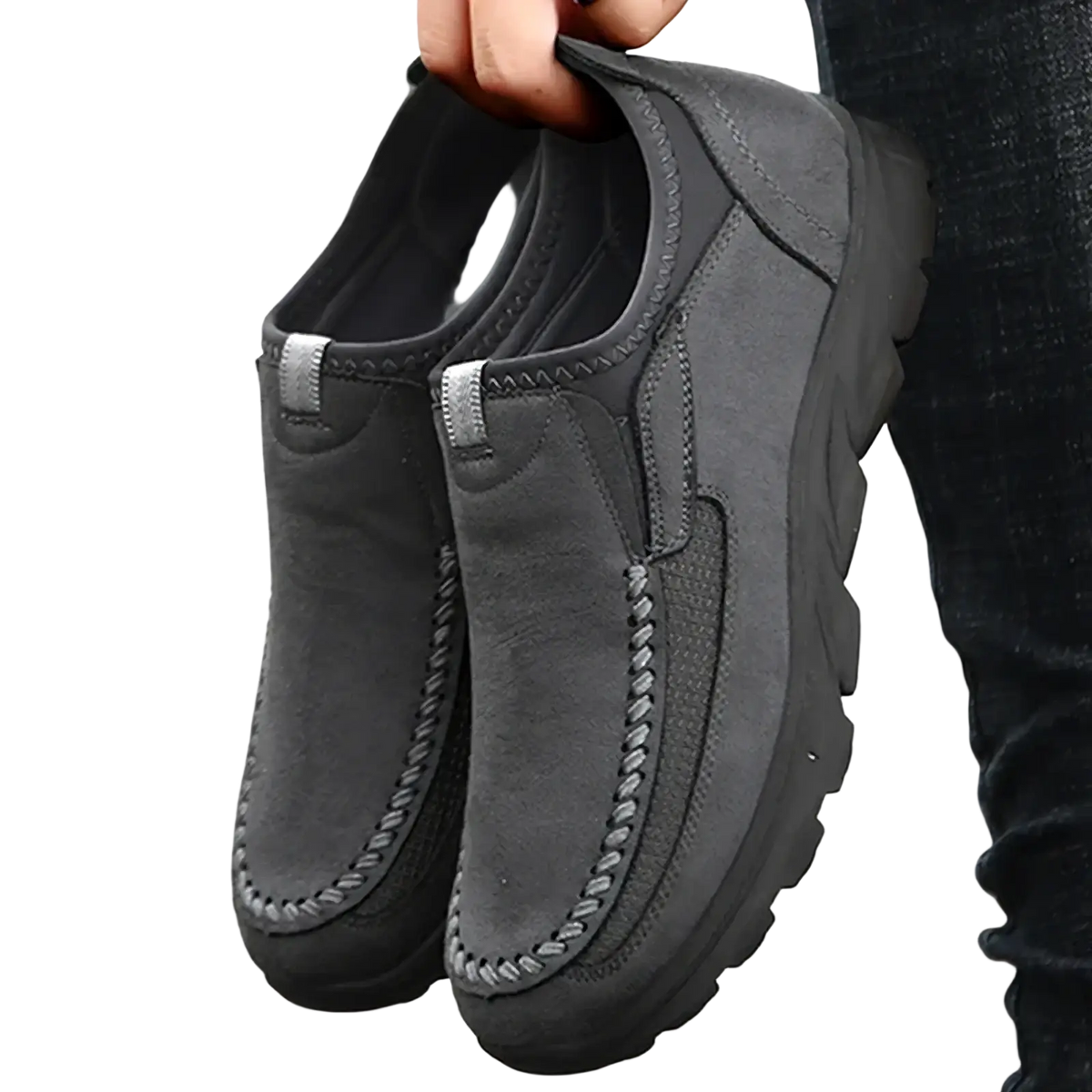 Dark gray suede men casual leather slip-on loafers with silver stitching and a chunky rubber sole