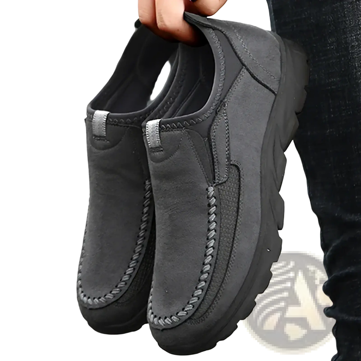 Dark gray suede men casual leather slip-on loafers with silver stitching and a chunky rubber sole