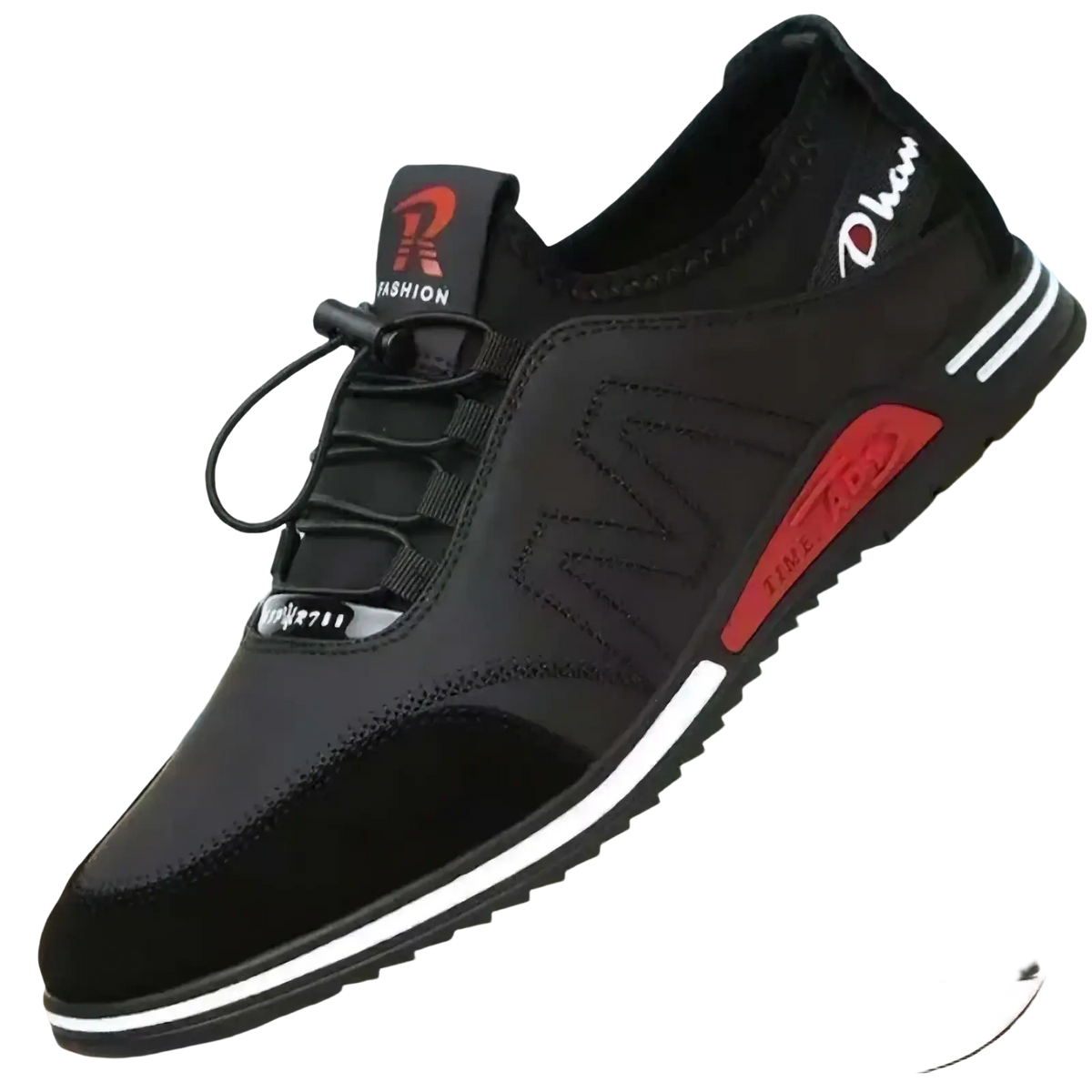 Black men casual leather sneaker with red and white accents featuring mesh upper lightweight non slip rubber sole