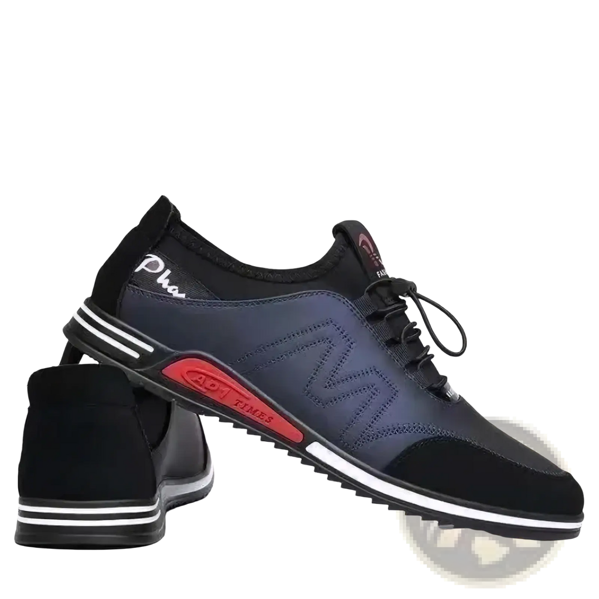 Men casual leather sneakers in black and navy blue with red accent and white stripes, lightweight non slip shoes