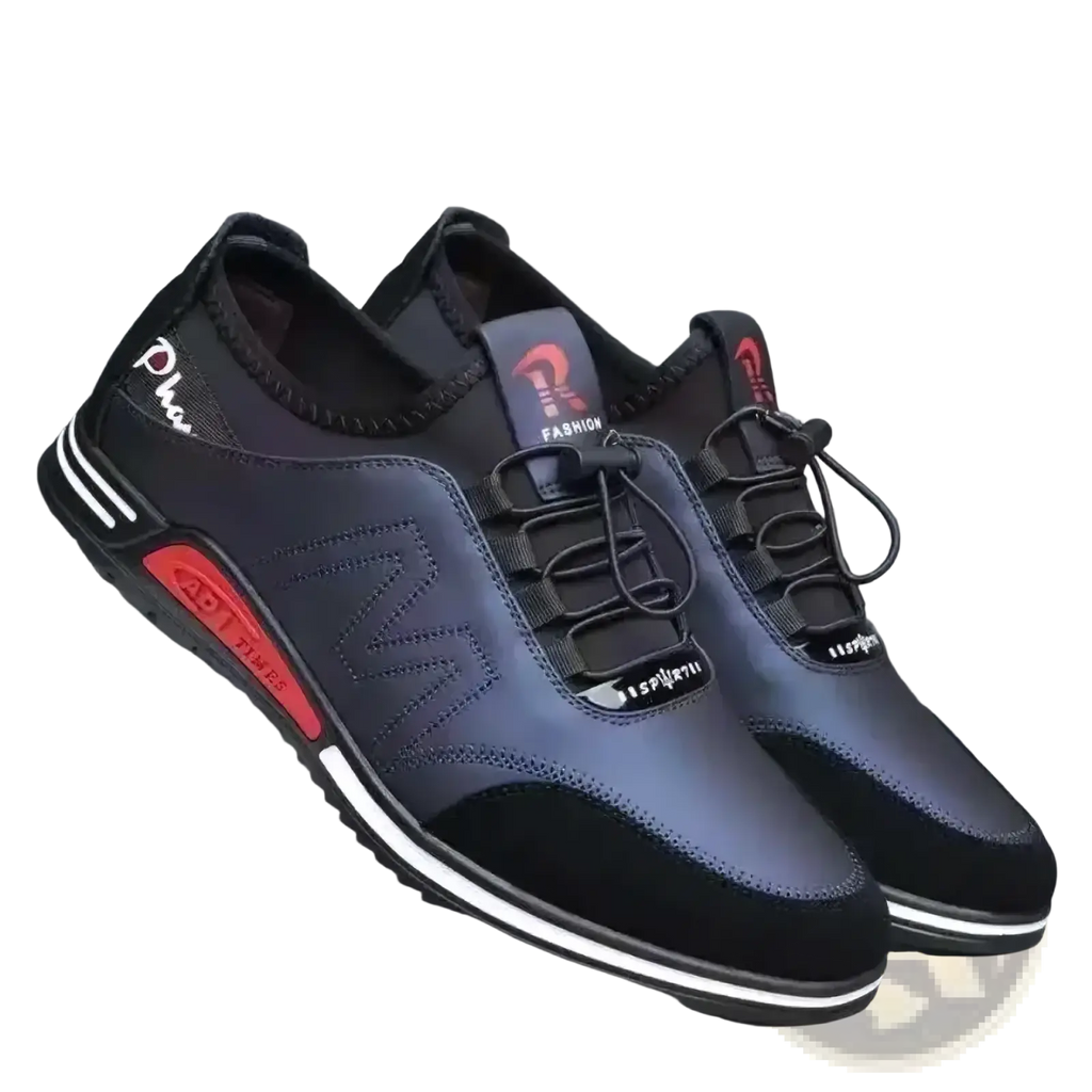 Men casual leather sneakers lightweight non slip shoes showing the back side in black navy blue with red accents