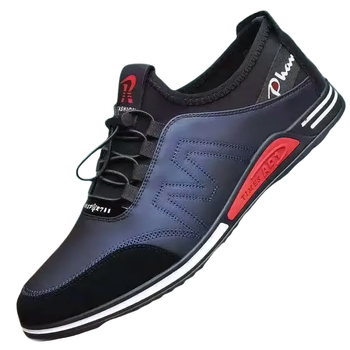 Men casual leather sneaker with black and navy mesh upper, red accents, white stripe, and heel branding, lightweight non slip
