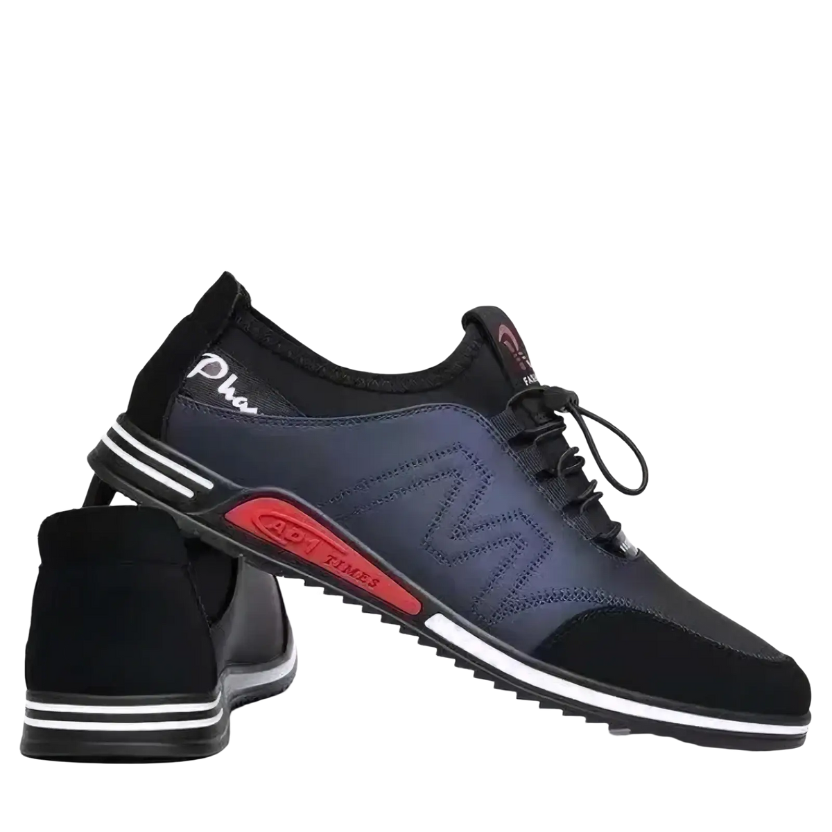 Men casual leather sneakers in black and navy blue with red accent and white stripes, lightweight non slip shoes