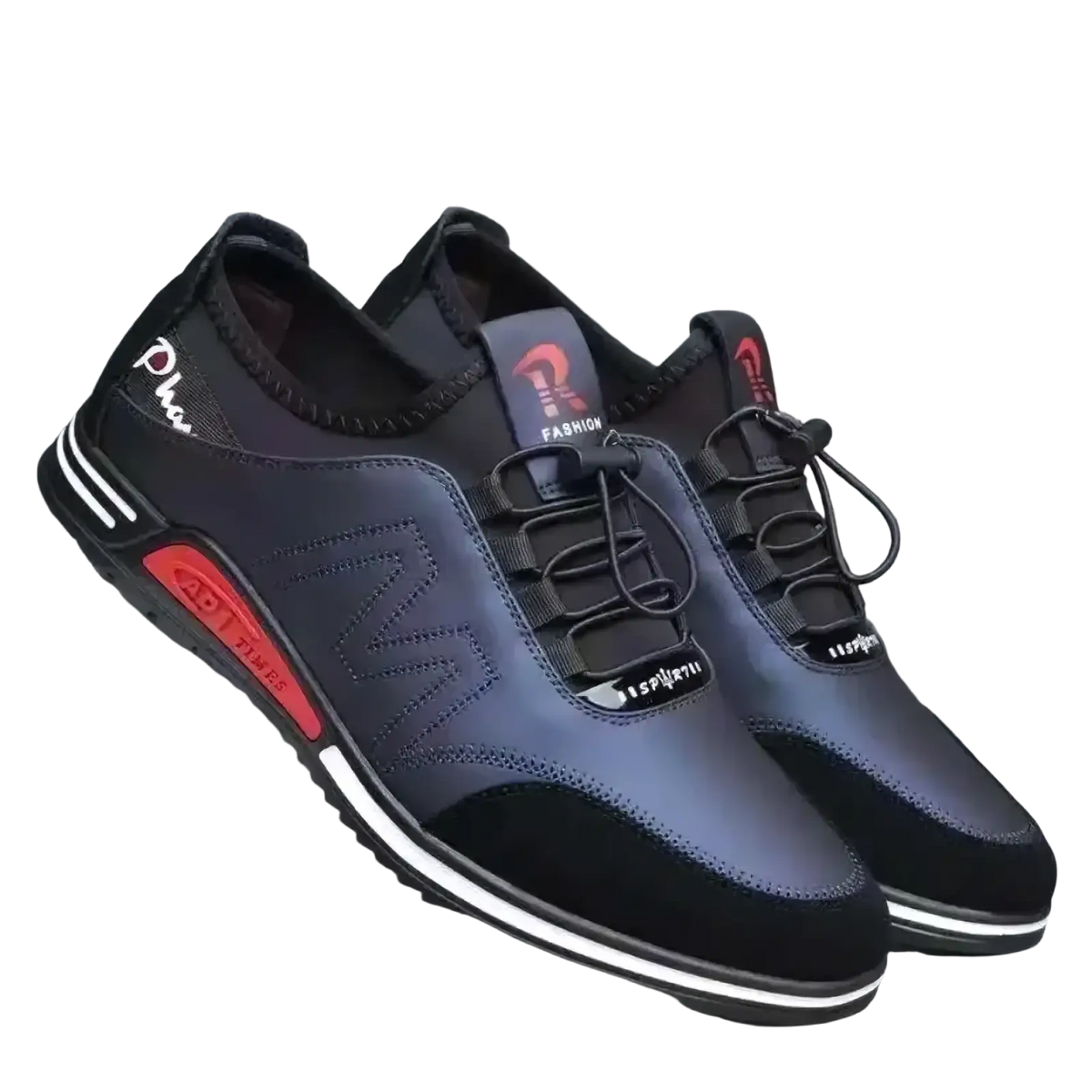 Men casual leather sneakers lightweight non slip shoes showing the back side in black navy blue with red accents