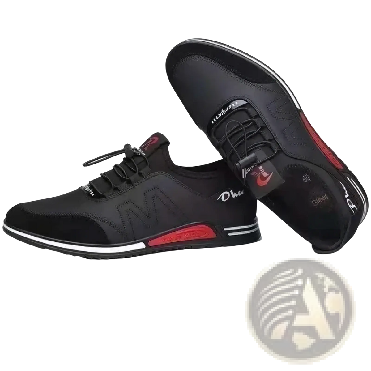 Men casual leather sneakers in black and red with lightweight mesh panels and non slip rubber soles