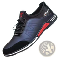 Men casual leather sneaker with black and navy mesh upper, red accents, white stripe, and heel branding, lightweight non slip
