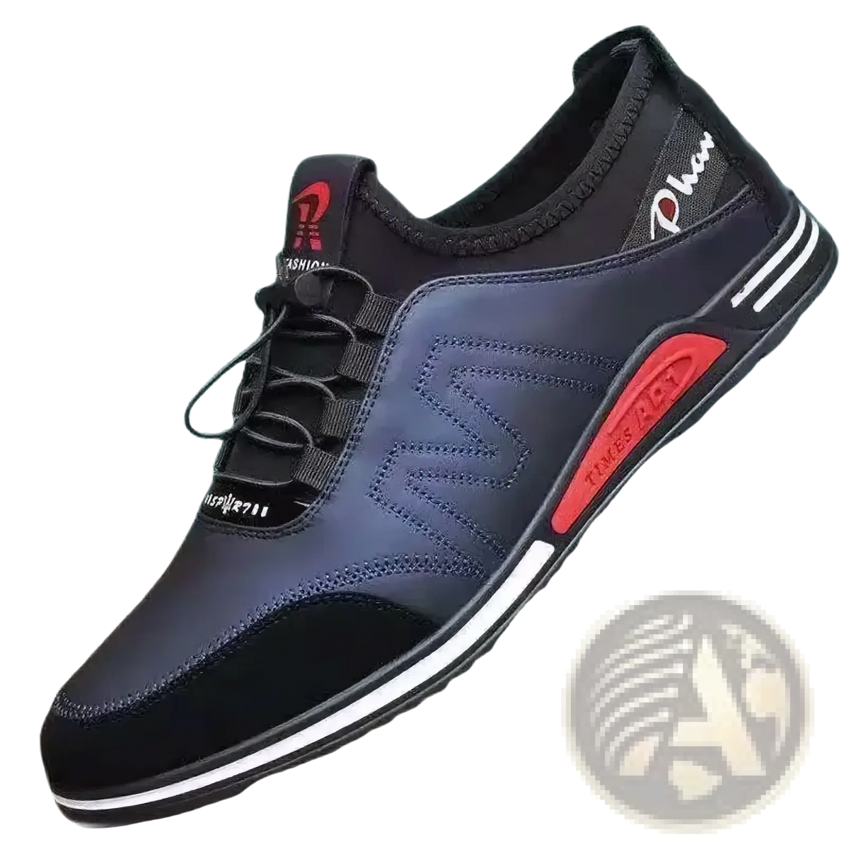 Men casual leather sneaker with black and navy mesh upper, red accents, white stripe, and heel branding, lightweight non slip