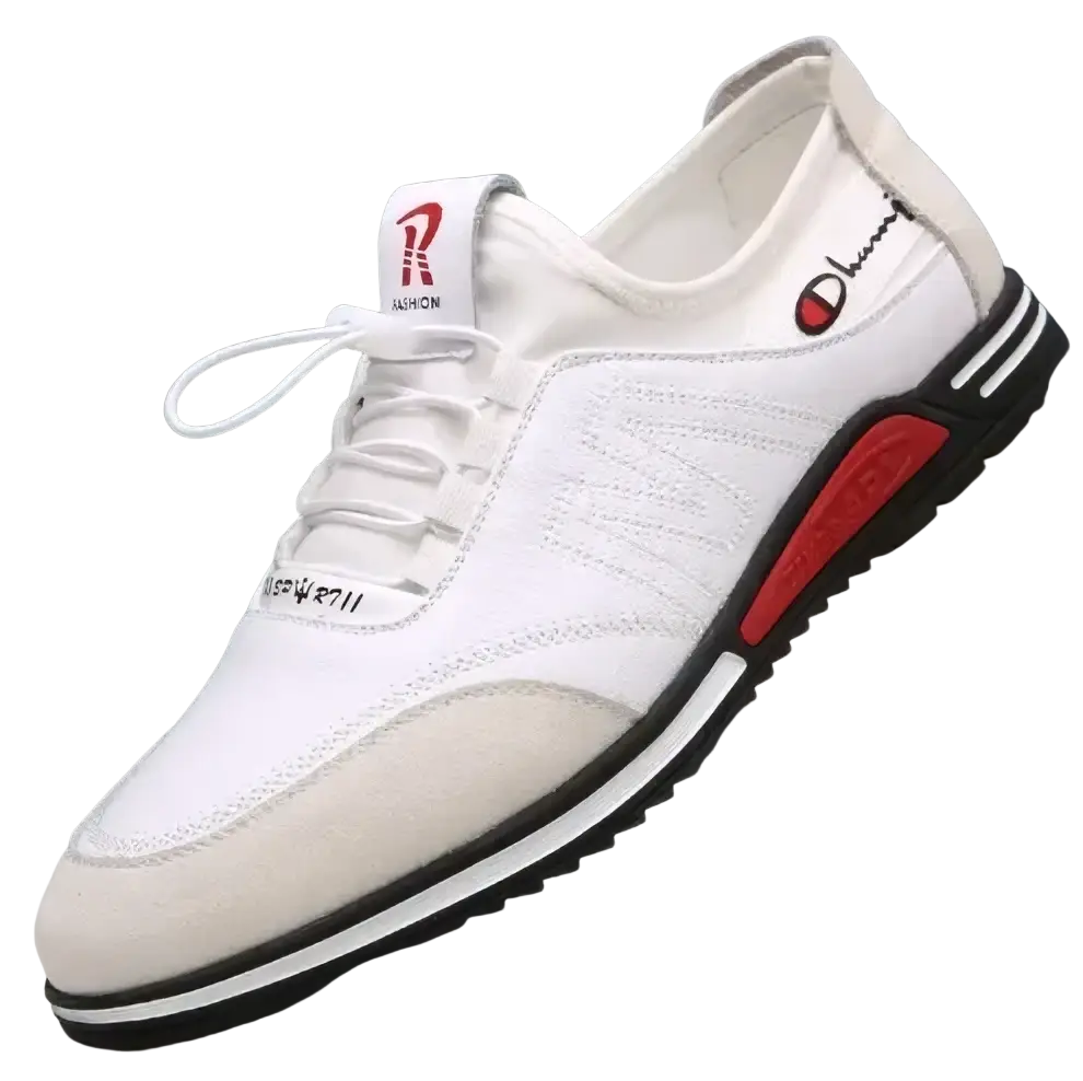 Men casual leather sneakers in white and red with textured upper black rubber sole and embroidered branding