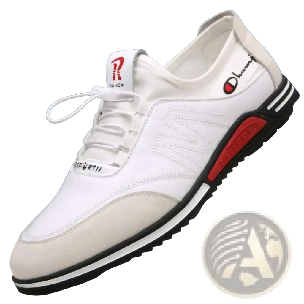 White leather men casual sneaker with red and black accents featuring champion logo and lightweight non slip sole