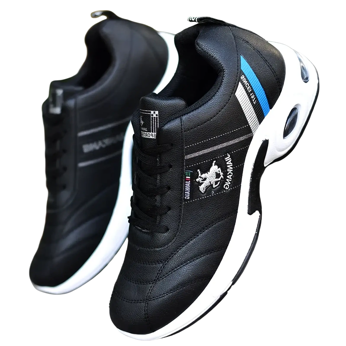 Men casual leather sneakers with black stitched upper white soles blue-gray stripes and embroidered logo for athletic use
