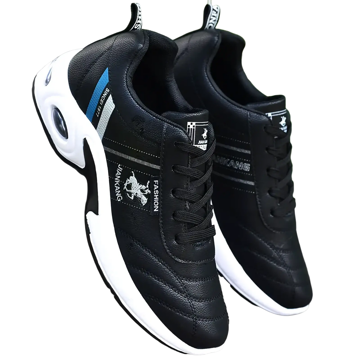 Men casual leather sneakers with textured black and white upper, blue accent stripe, and cushioned midsole for non slip use