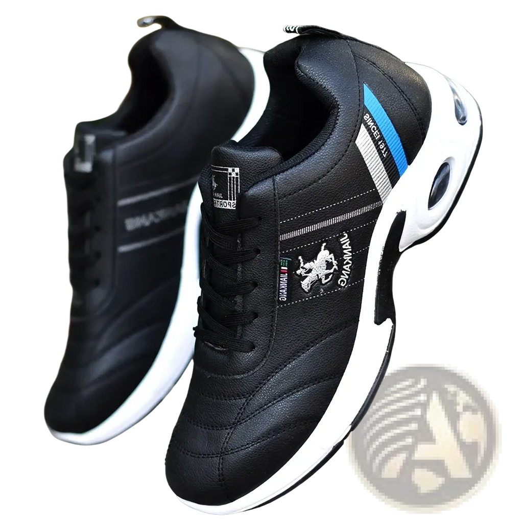 Men casual leather sneakers with black stitched upper white soles blue-gray stripes and embroidered logo for athletic use