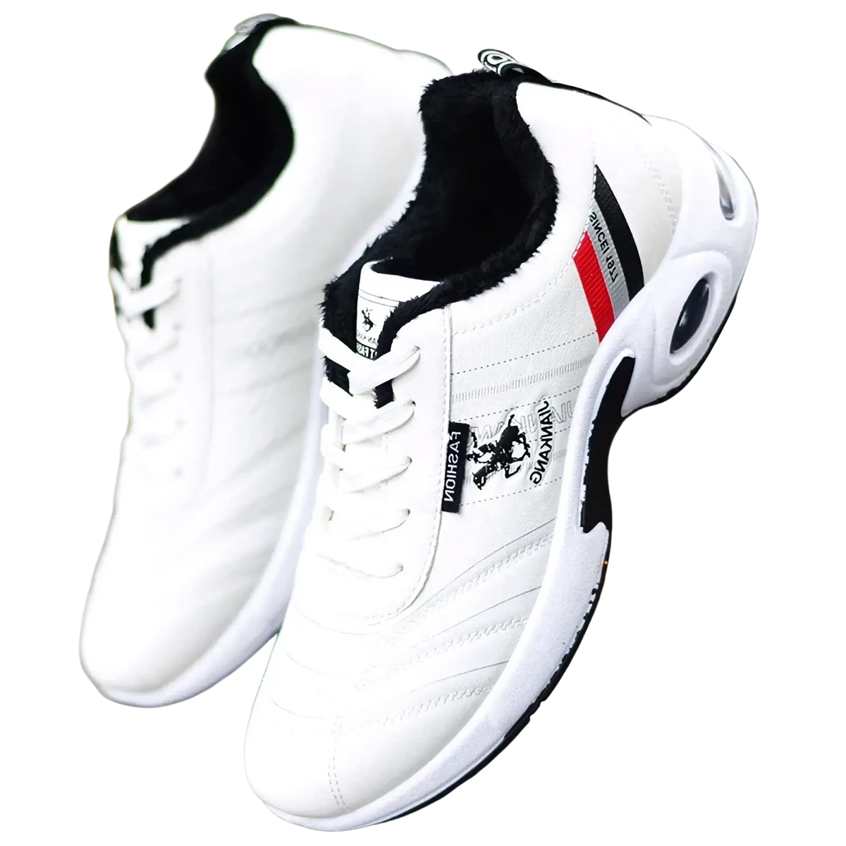 Men casual leather sneakers non slip athletic shoes in white with black and red accents and plush interior lining