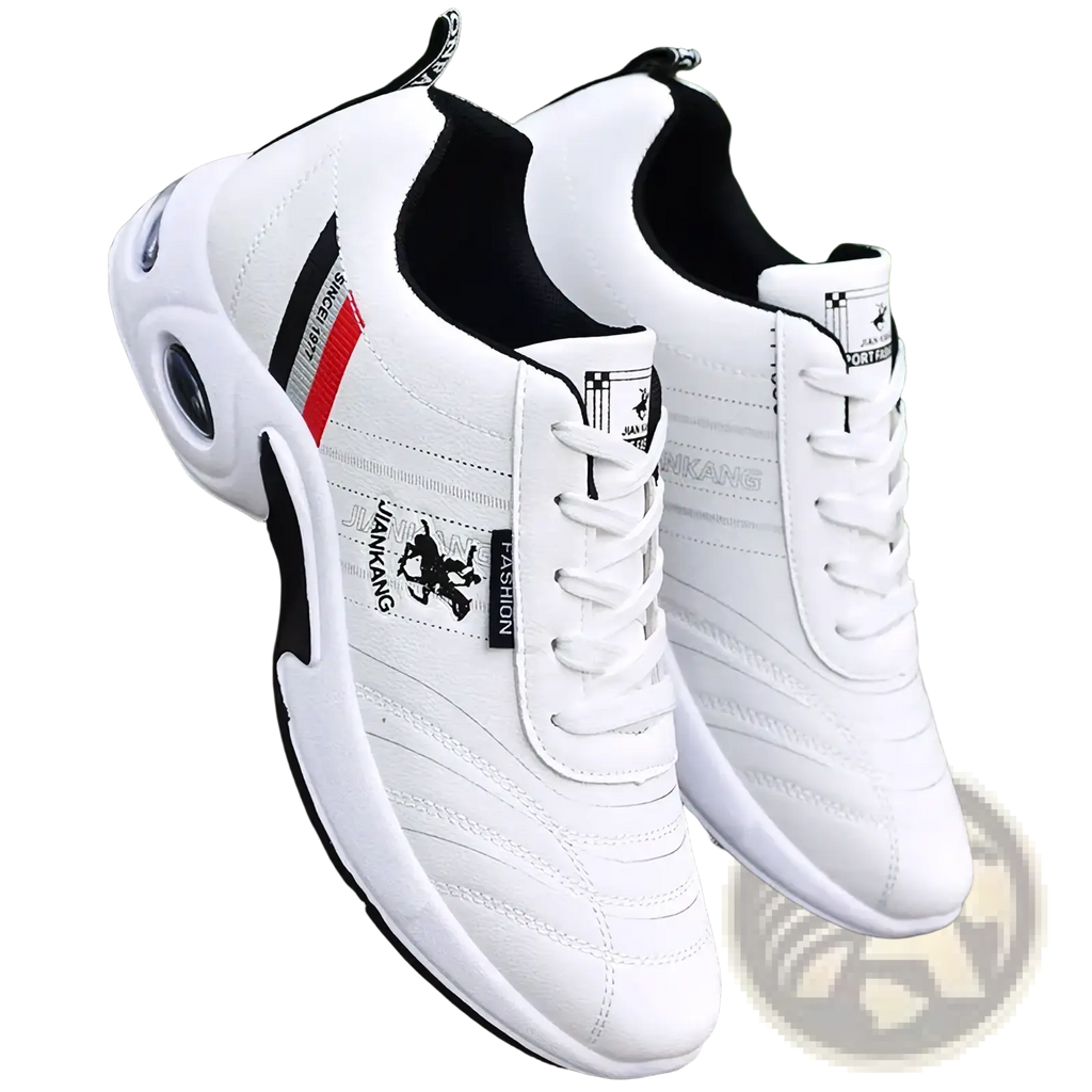 White men casual leather sneakers with black and red accents featuring a breathable mesh upper and non slip sole