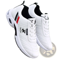 White men casual leather sneakers with black and red accents featuring a breathable mesh upper and non slip sole