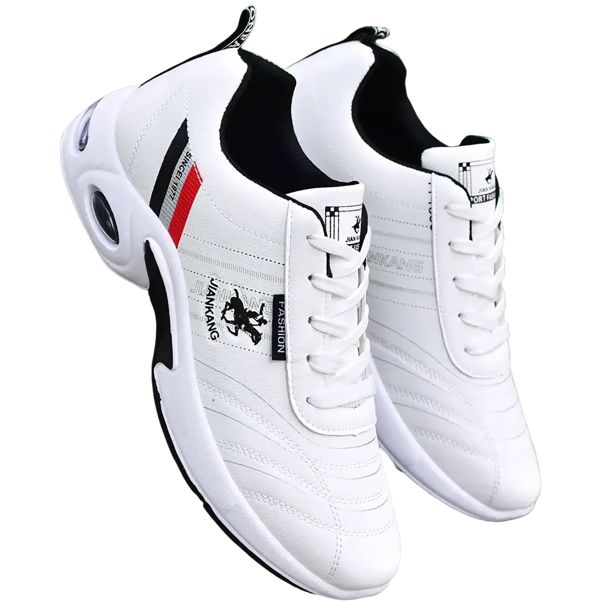 White men casual leather sneakers with black and red accents featuring a breathable mesh upper and non slip sole