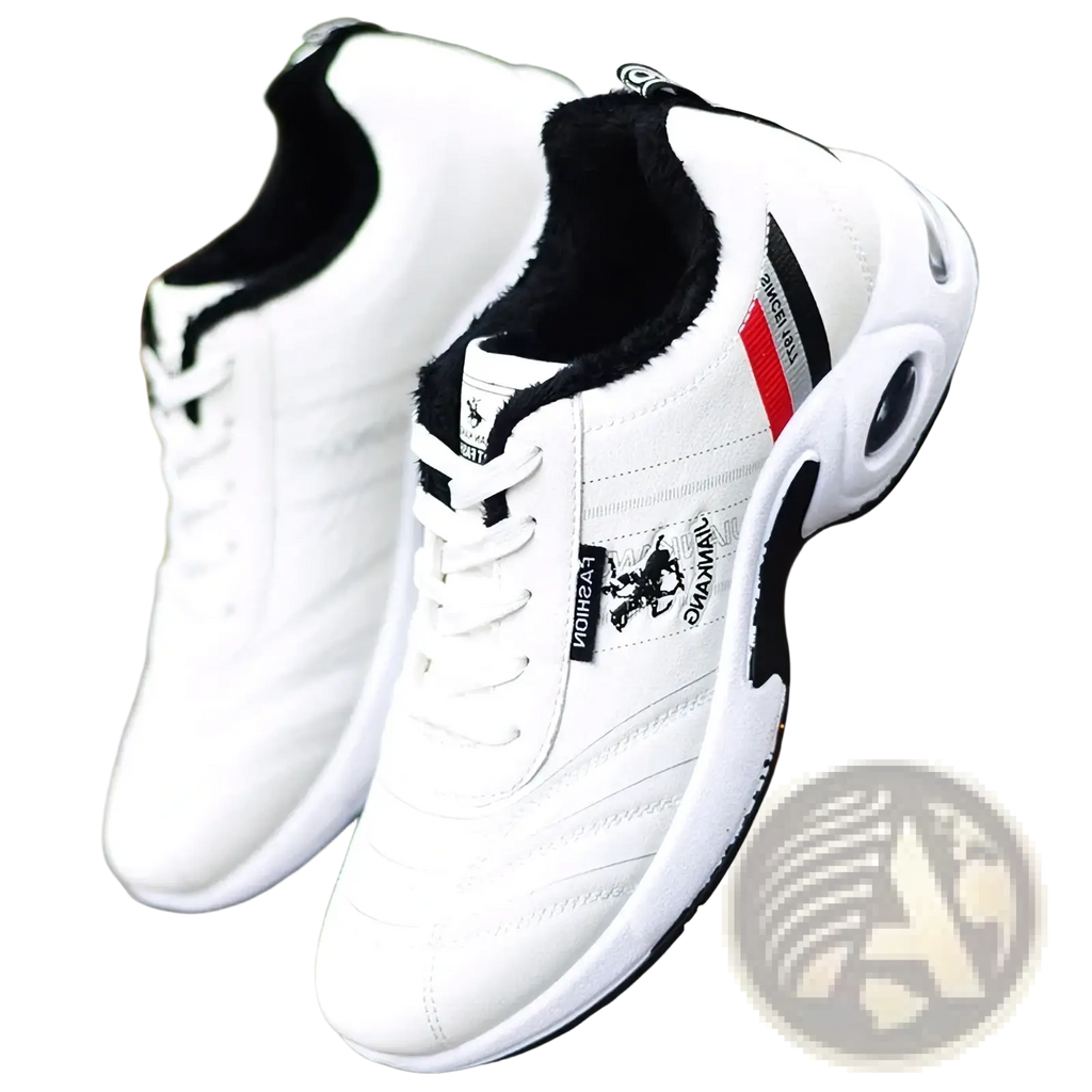 Men casual leather sneakers non slip athletic shoes in white with black and red accents and plush interior lining