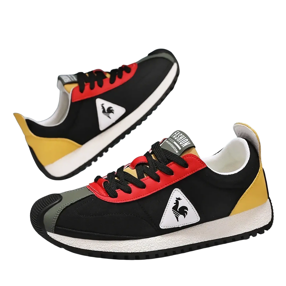 Men casual leather sneakers by le coq sportif in black red and yellow with white sole and rooster logo for sports training