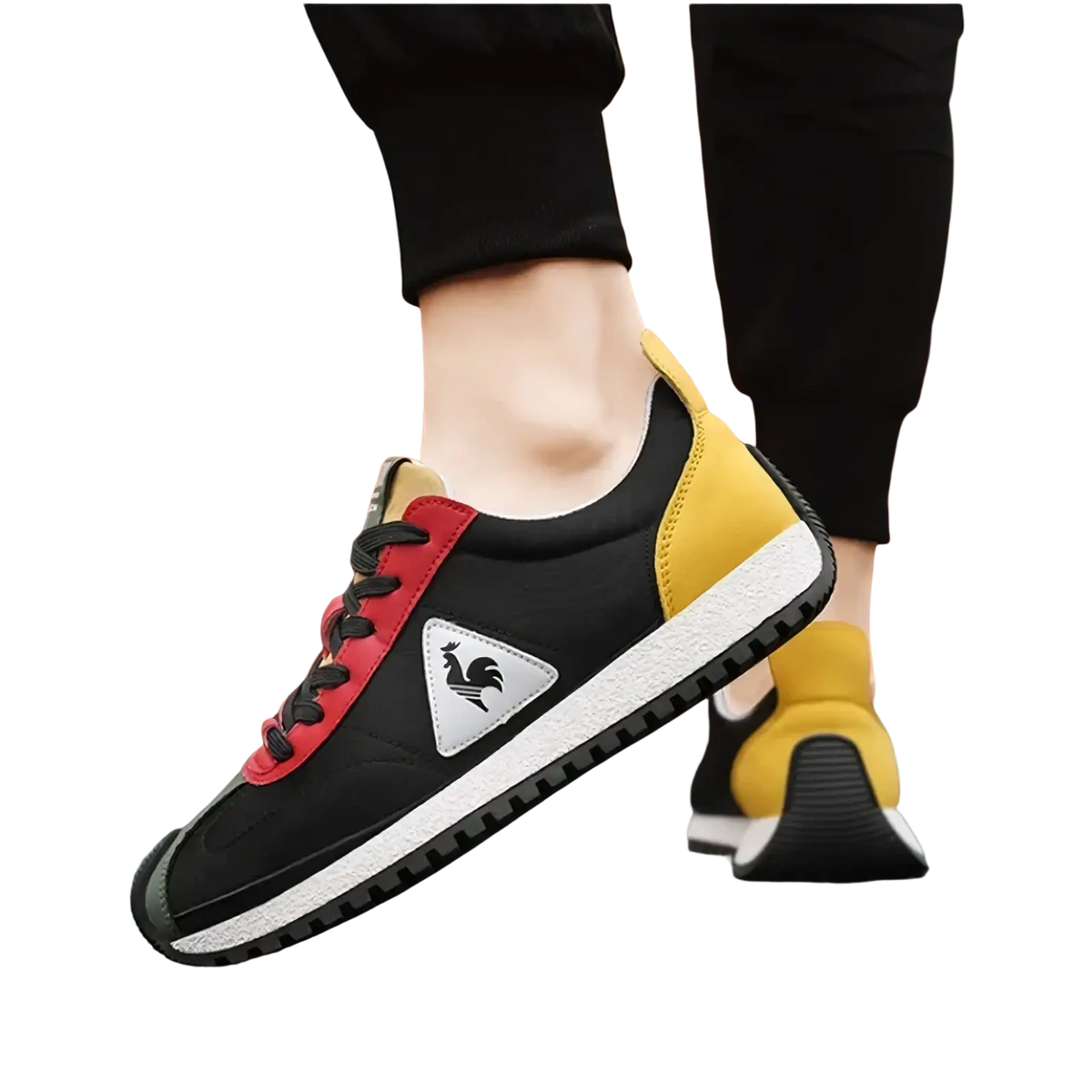 Men casual leather sneakers sports training shoes in black red and yellow with a white rubber sole