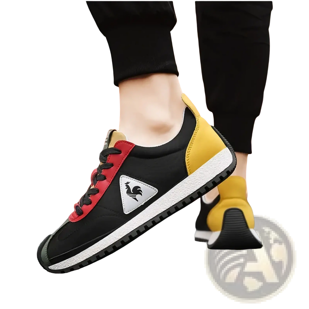 Men casual leather sneakers sports training shoes in black red and yellow with a white rubber sole