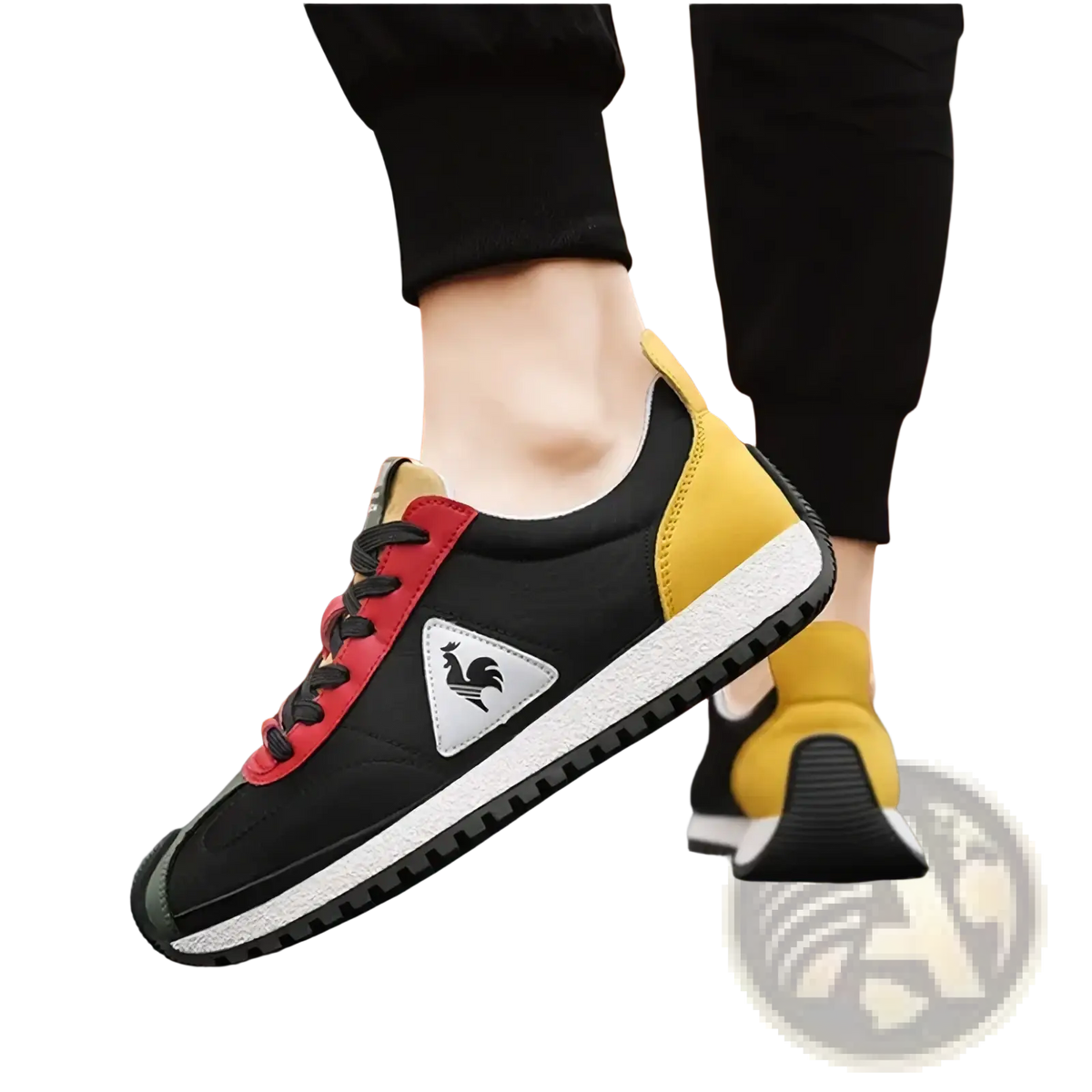 Men casual leather sneakers sports training shoes in black red and yellow with a white rubber sole