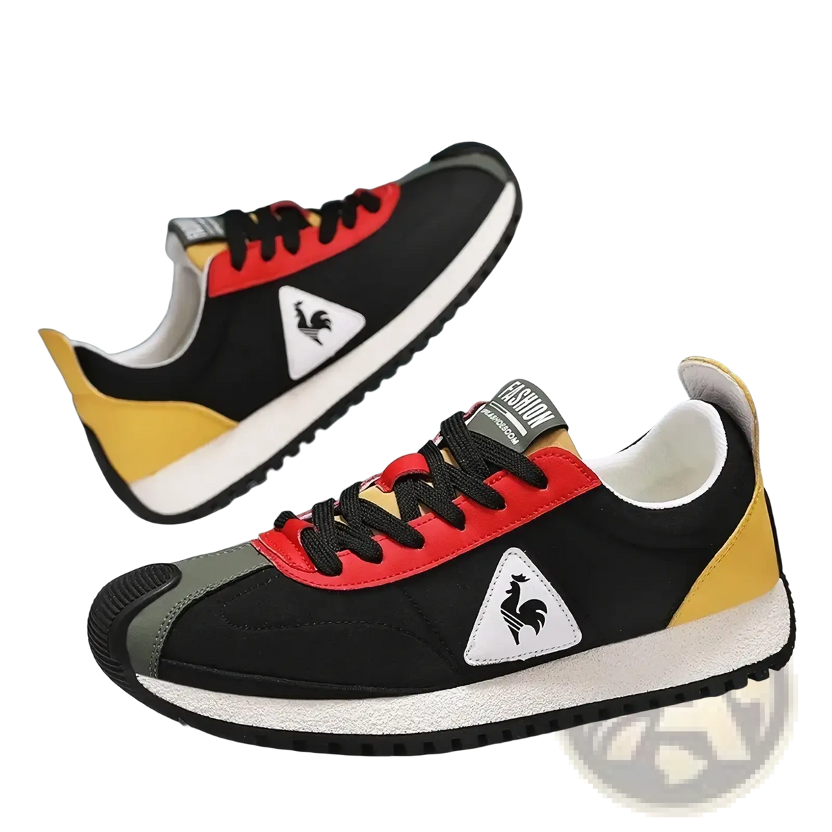 Men casual leather sneakers sports training shoes in black red and yellow with white sole and le coq sportif rooster logo