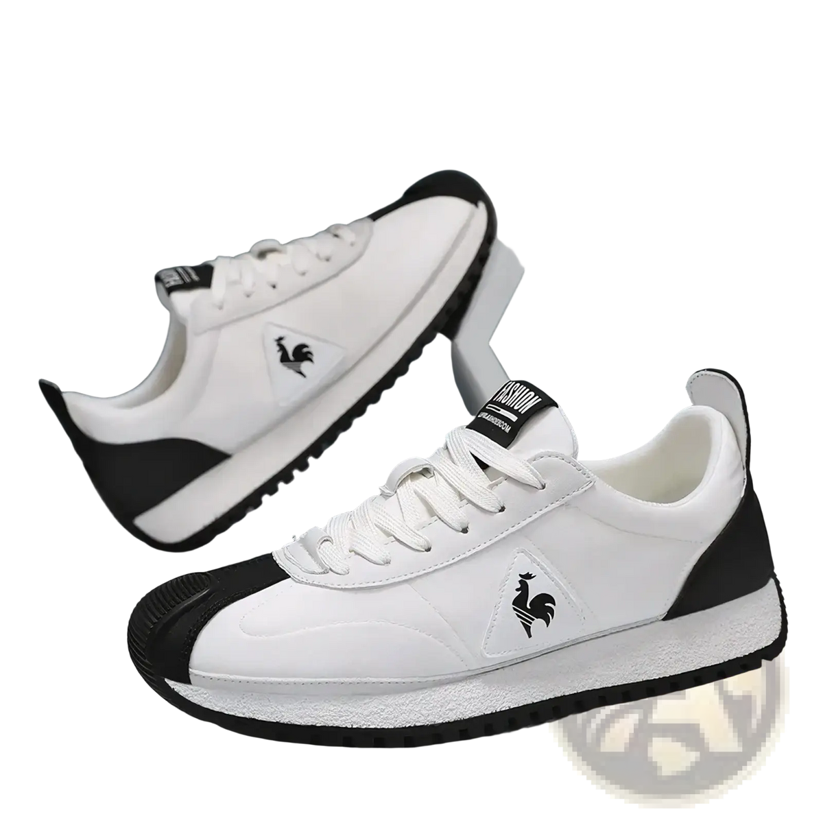 Men casual leather sneakers sports training shoes in white and black with a classic athletic design by le coq sportif