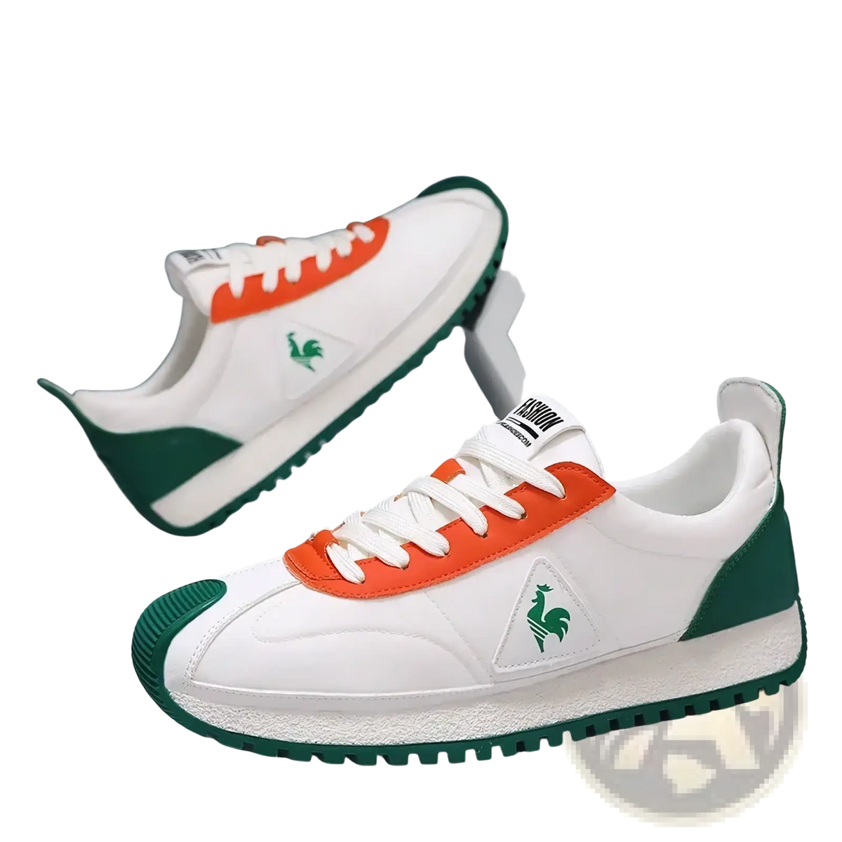 Men casual leather sneakers by le coq sportif in white orange and green with a classic low-top design for sports training