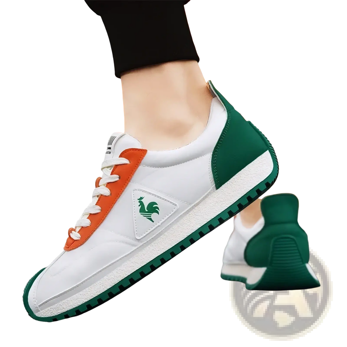 Men casual leather sneakers in white and green with orange accents and rooster logo for sports training use