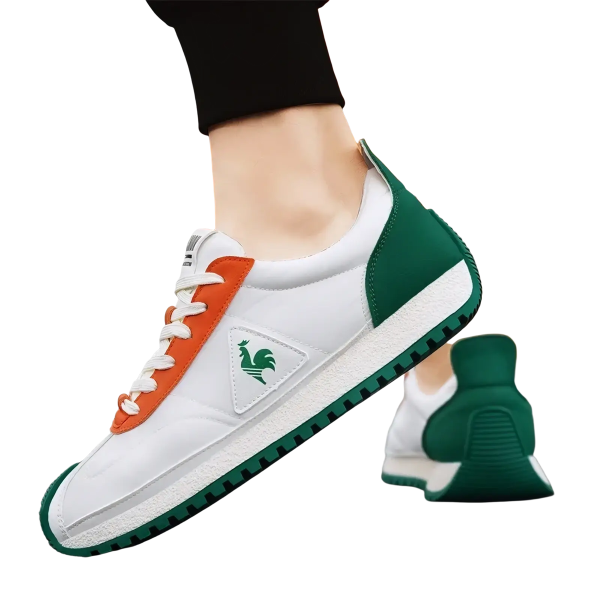 Men casual leather sneakers in white and green with orange accents and rooster logo for sports training use