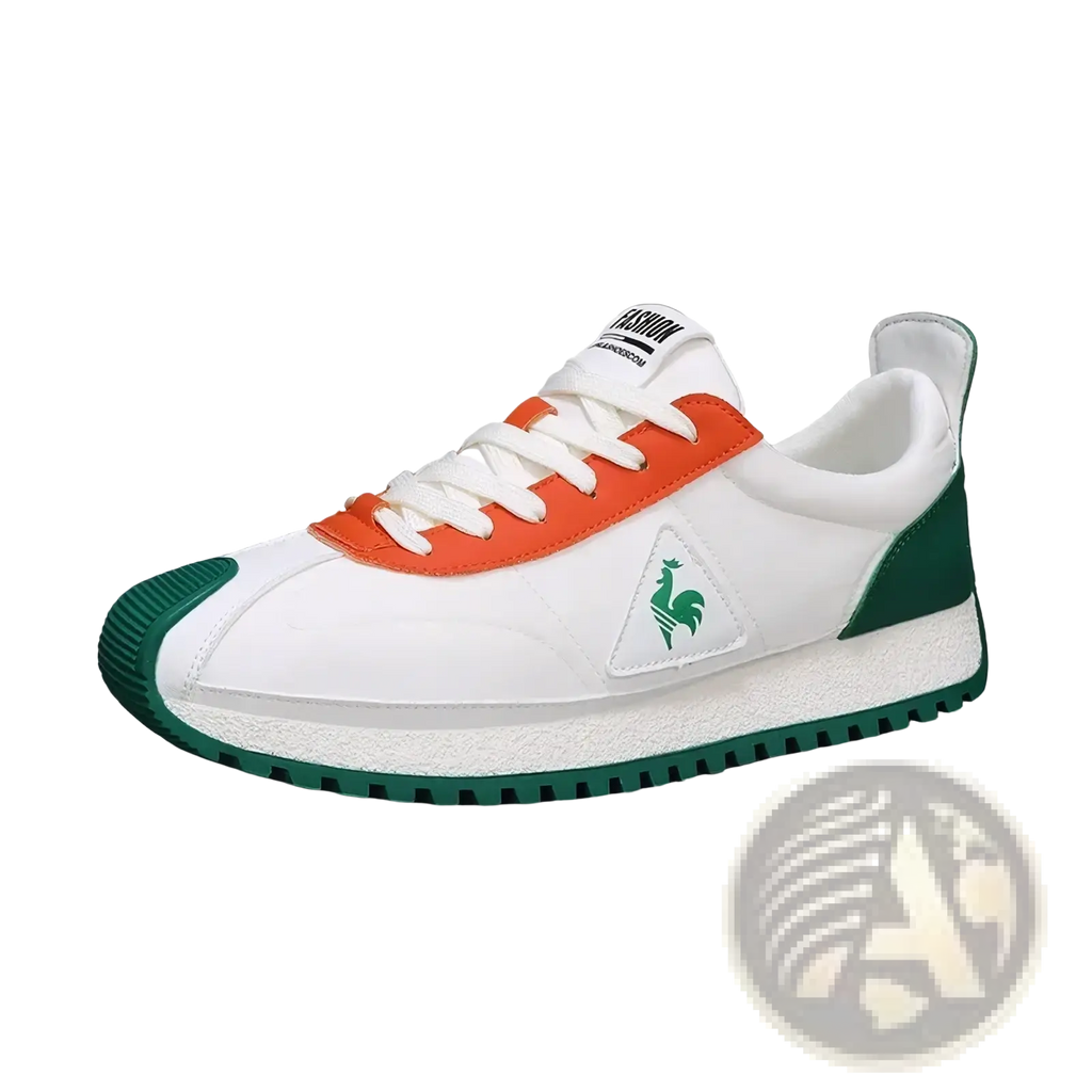 Men casual leather sneakers by le coq sportif in white orange and green with classic athletic design for sports training