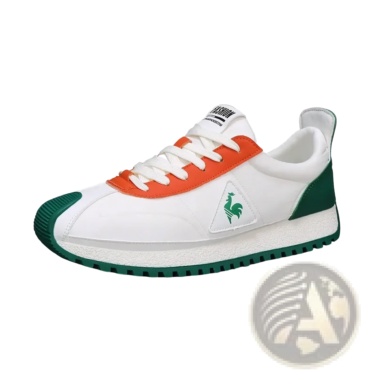 Men casual leather sneakers by le coq sportif in white orange and green with classic athletic design for sports training