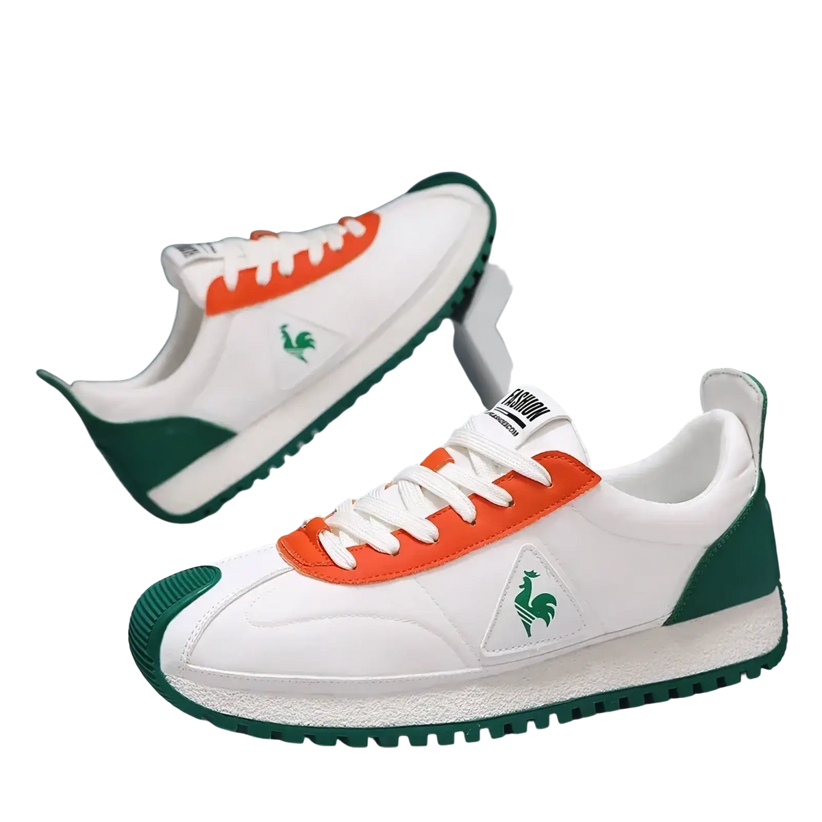 Men casual leather sneakers by le coq sportif in white orange and green with a classic low-top design for sports training